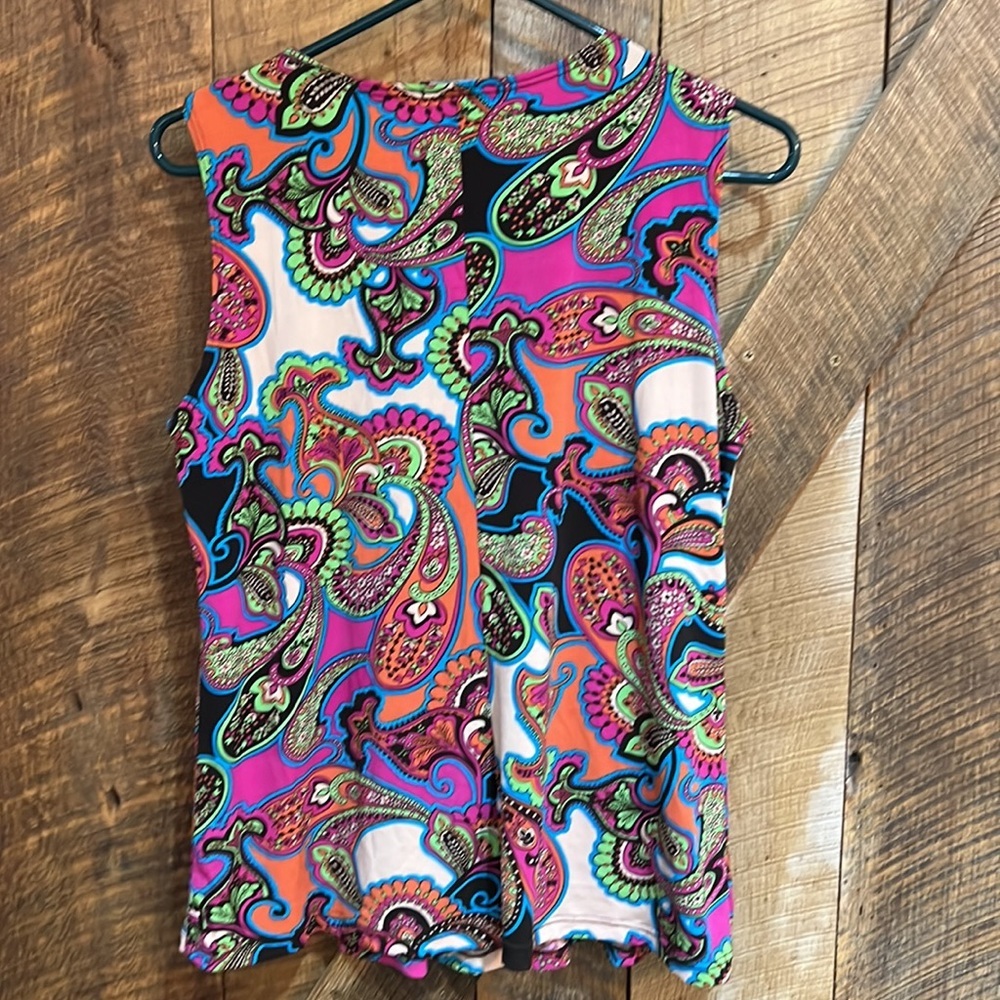 Carole Little hot pink and brown vibrant print sleeveless blouse size M - Picture 3 of 3